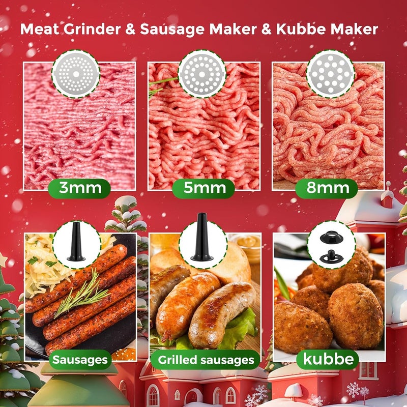 Flyseago Electric Meat Grinder, Cheese Grater 3000W Multifunctional Meat Grinder with Juicer, Vegetable Cutter Veggie Slicer, Shredder, Meat Chopper, Sausage Stuffer, Kubbe Kit, Home Use - Image 2